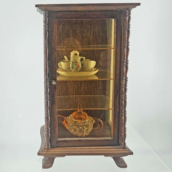 Vintage Dollhouse Curio Display Cabinet China Hutch Wood w tea set glass teapot - Picture 1 of 8